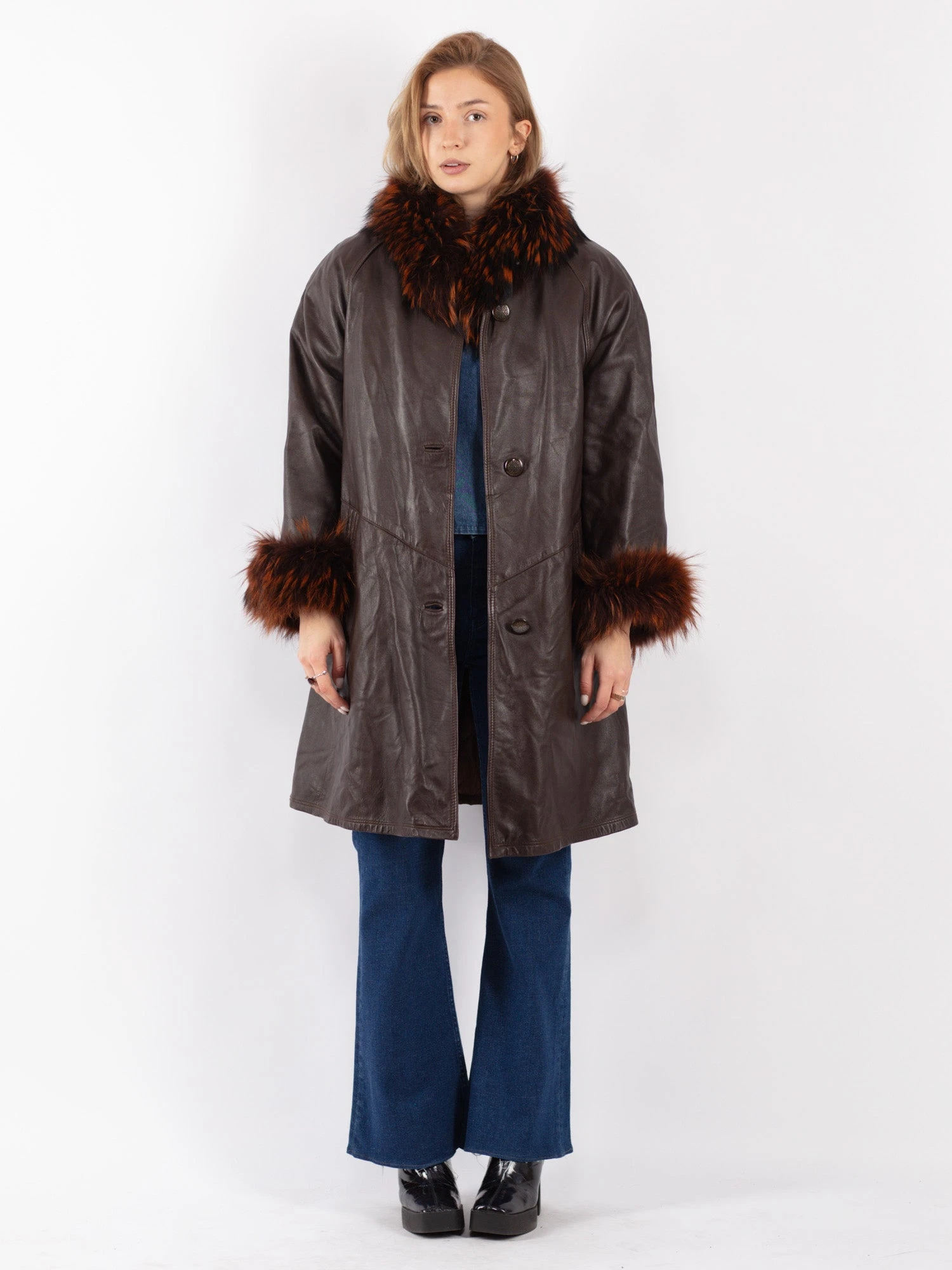 Vintage 70's Women Leather Fur Coat In Brown 1 Vintage 70's Women Leather Fur Coat In Brown