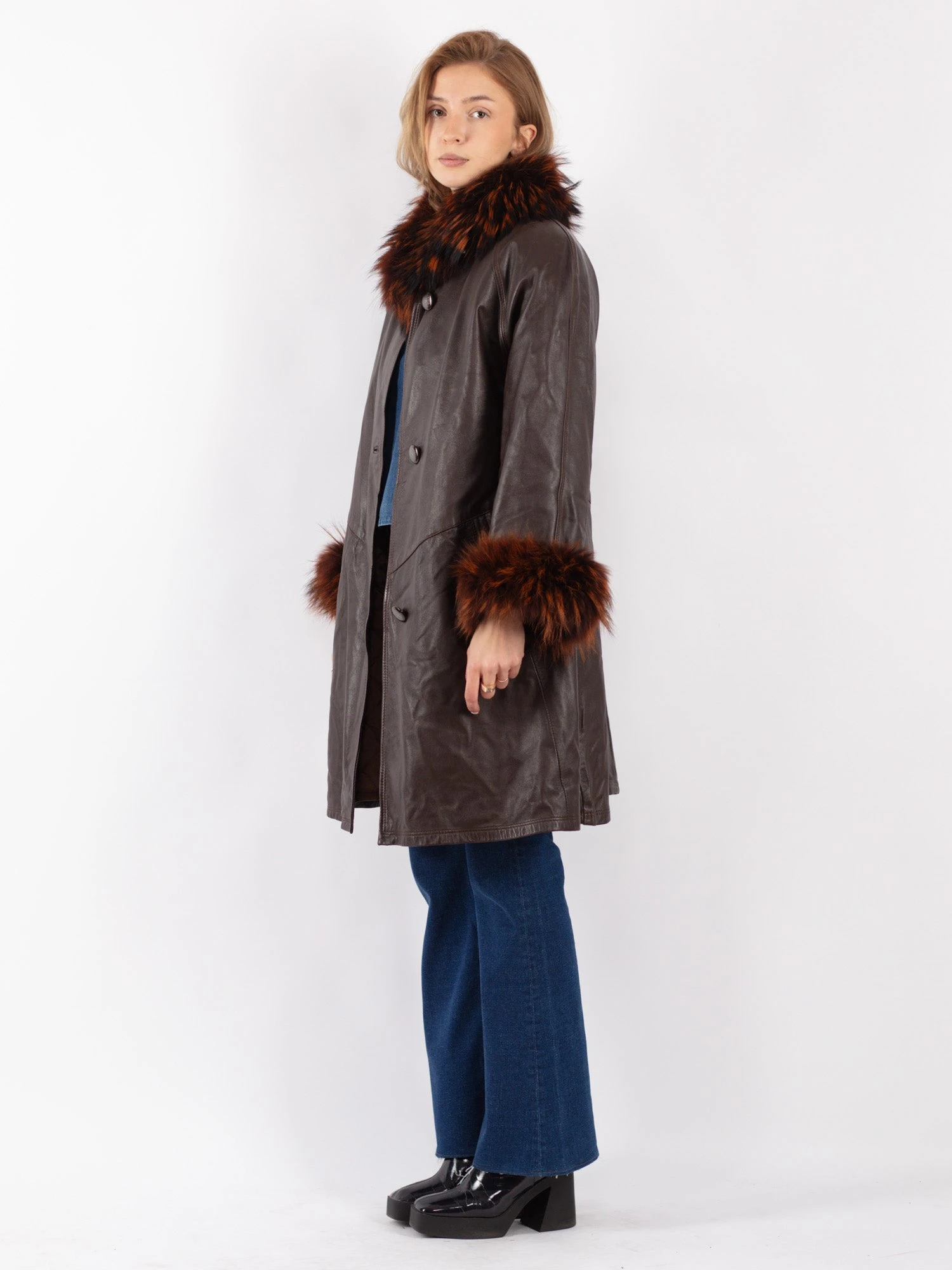 Vintage 70's Women Leather Fur Coat In Brown 2 Vintage 70's Women Leather Fur Coat In Brown - Image 2