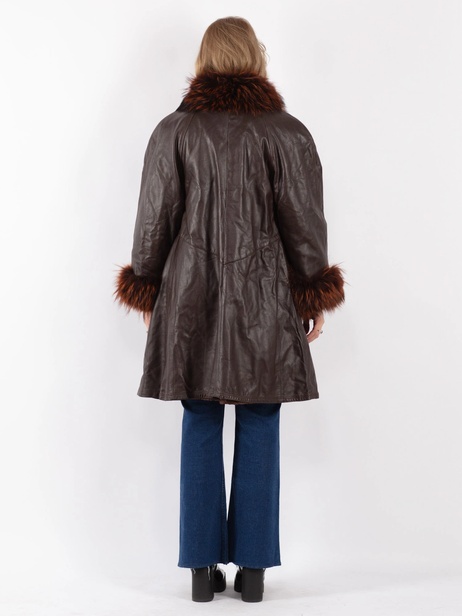 Vintage 70's Women Leather Fur Coat In Brown 3 Vintage 70's Women Leather Fur Coat In Brown - Image 3