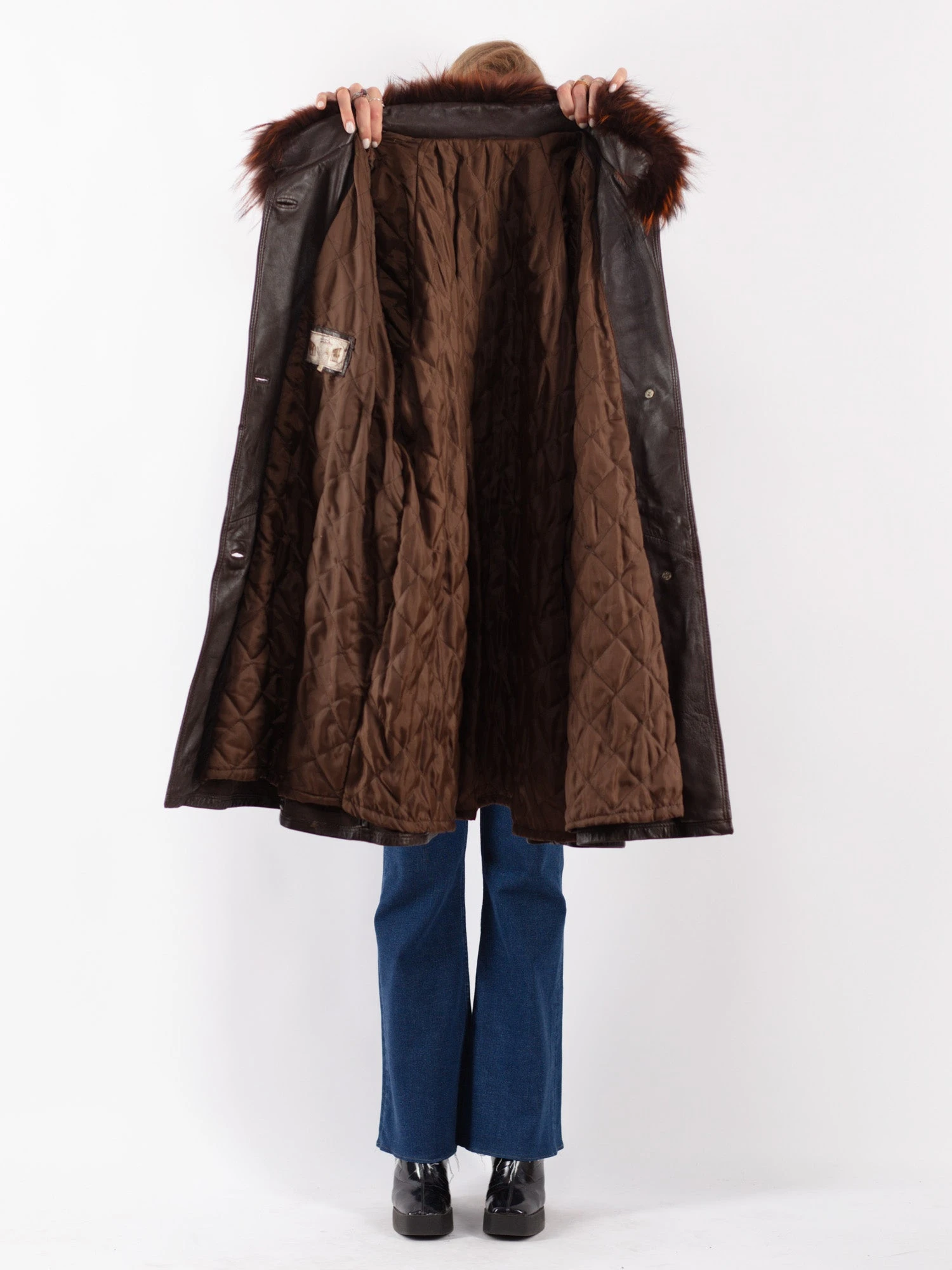 Vintage 70's Women Leather Fur Coat In Brown 4 Vintage 70's Women Leather Fur Coat In Brown - Image 4