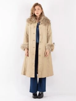Front Page 35 Vintage 70's Women Leather Fur Long Coat In Beige