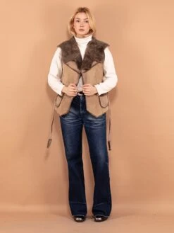 Vintage 70's Women Boho Sheepskin Vest In Beige