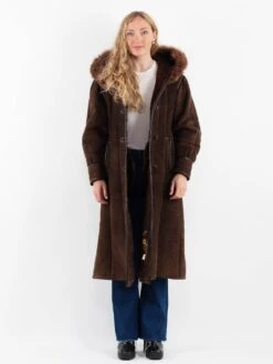 Vintage 70's Women Hooded Sheepskin Coat In Brown