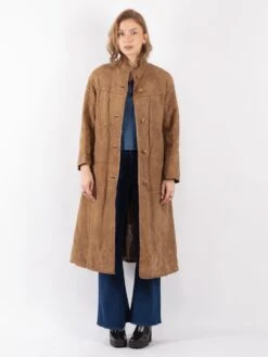 Vintage 80's Women Suede Fur Long Coat In Beige