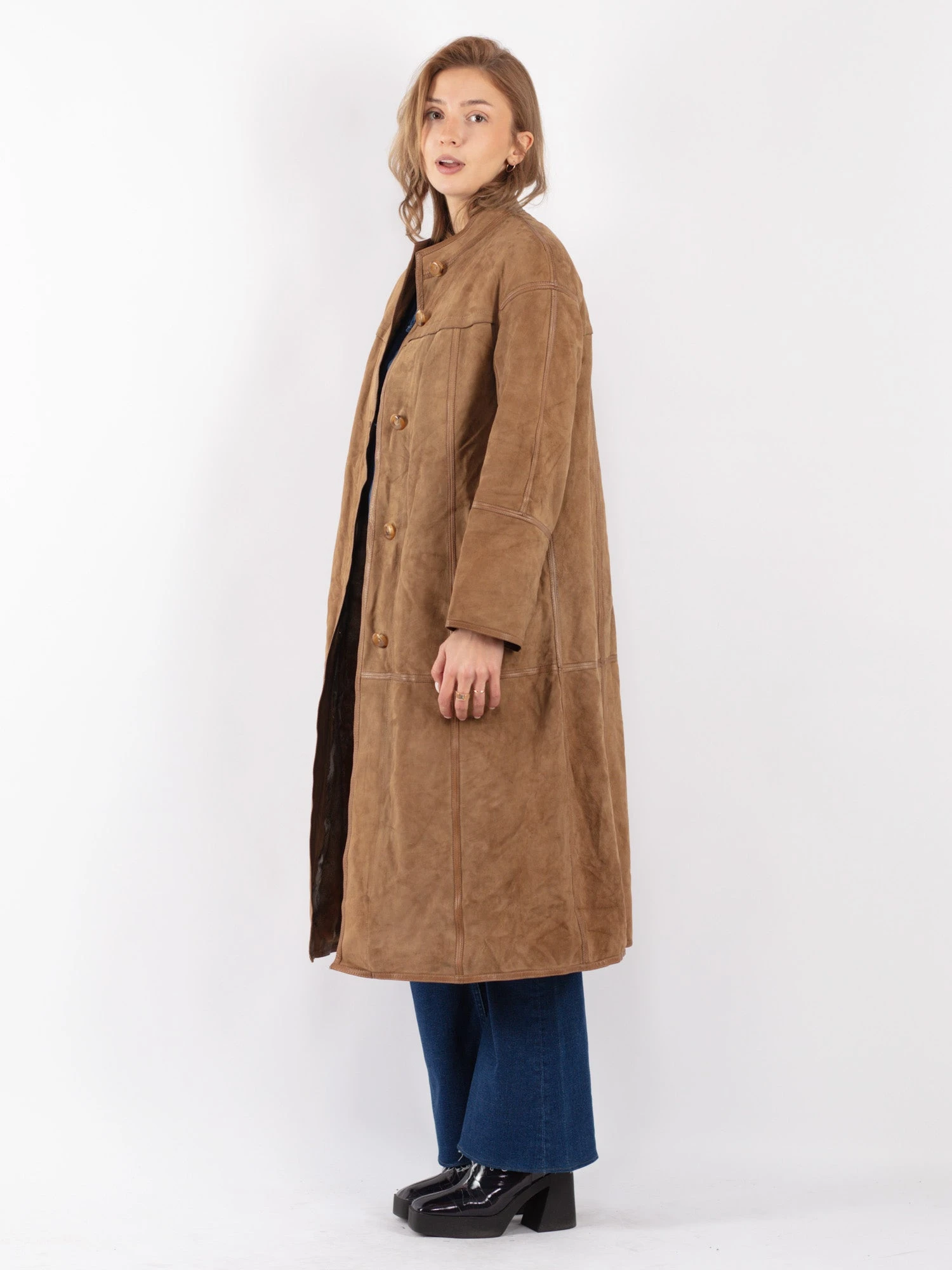 Vintage 80's Women Suede Fur Long Coat In Beige 2 Vintage 80's Women Suede Fur Long Coat In Beige - Image 2