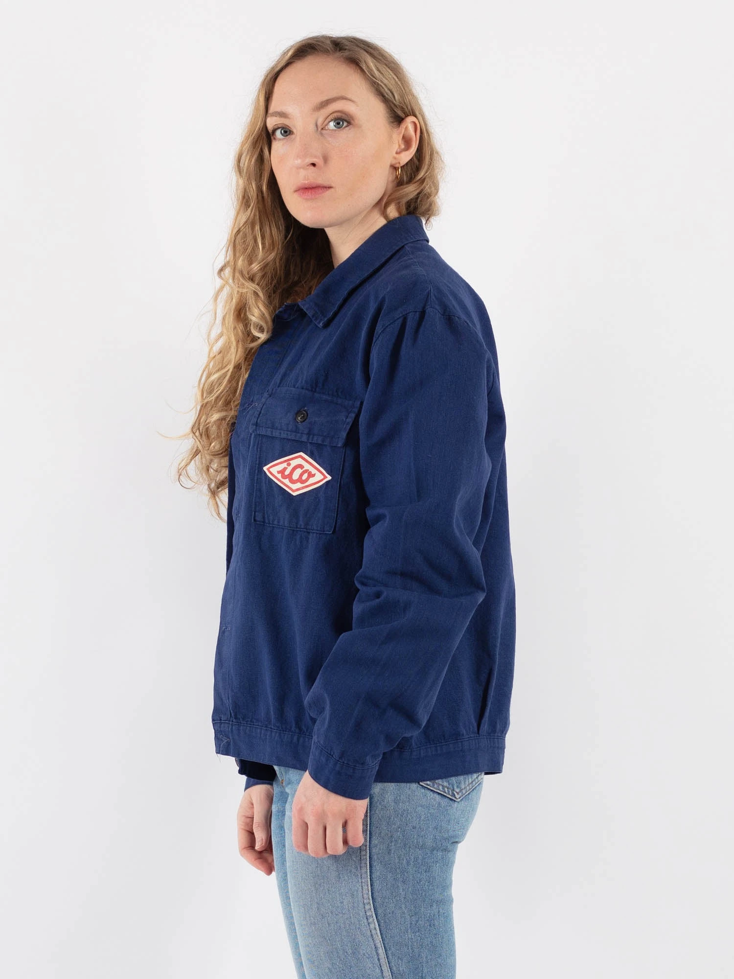 Vintage 70's Women Cropped Italian Work Jacket In Blue 3 Vintage 70's Women Cropped Italian Work Jacket In Blue - Image 3