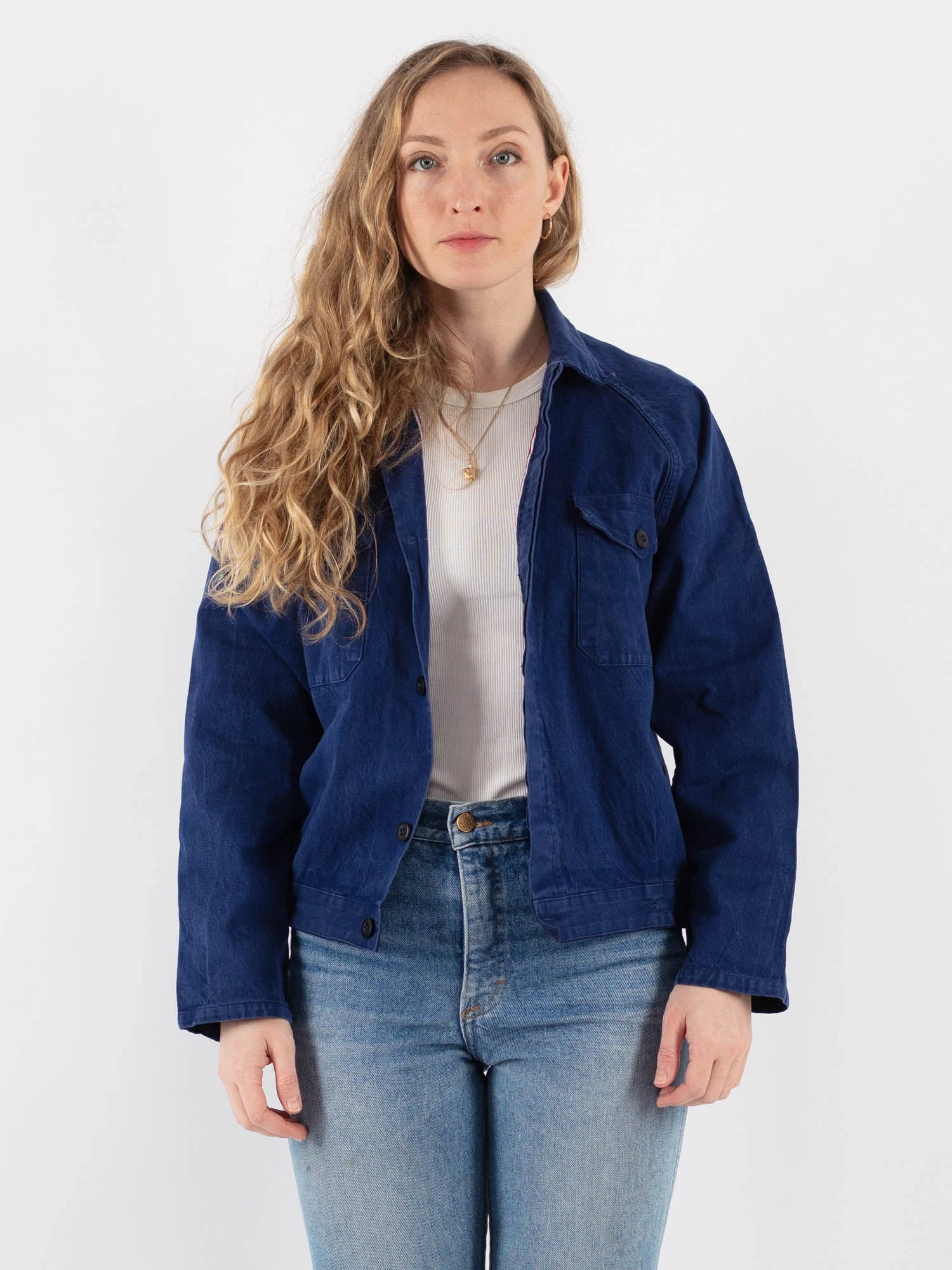 Vintage 70's Women Cropped Work Jacket In Blue 1 Vintage 70's Women Cropped Work Jacket In Blue