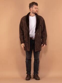 Vintage 80's Men Sheepskin Suede Coat In Brown