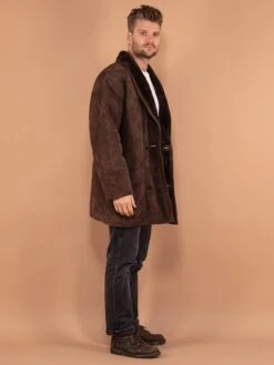 Vintage 80's Men Sheepskin Suede Coat In Brown -Northern Grip Vintage 80s Men Brown Sheepskin Suede Coat 3
