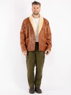 Vintage 80's Men Faux Sheepskin Coat In Brown