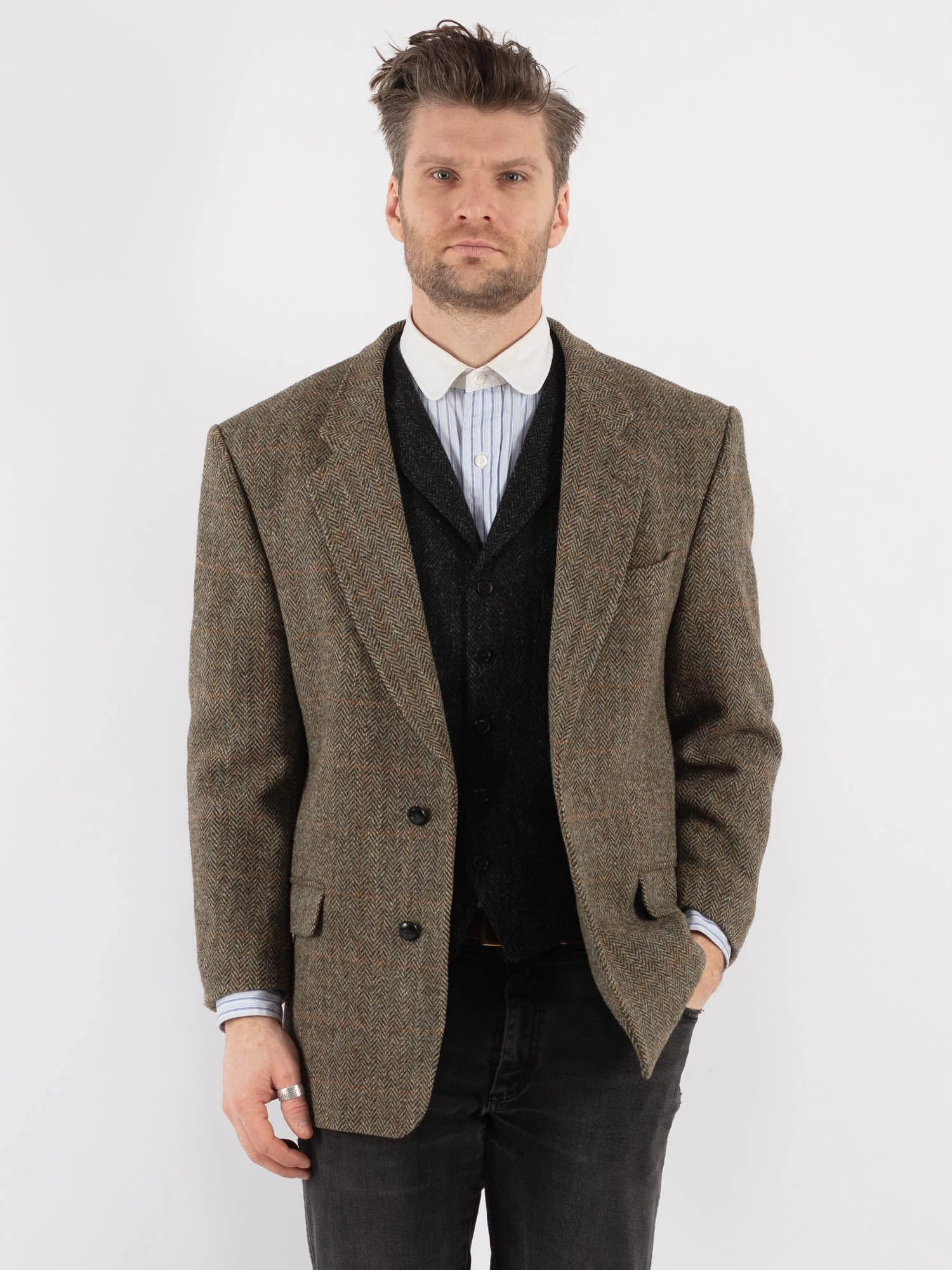 Vintage 80's Men Harris Tweed Jacket In Olive Green 1 Vintage 80's Men Harris Tweed Jacket In Olive Green
