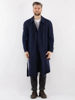 Vintage 80's Men Belted Mac Coat In Blue