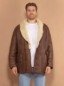 Vintage 80's Men Oversized Sheepskin Coat In Brown
