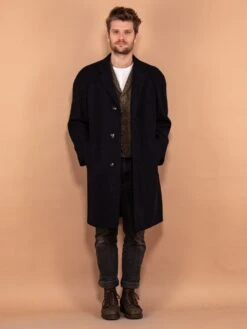 Vintage 80's Men Pure New Wool Coat In Blue