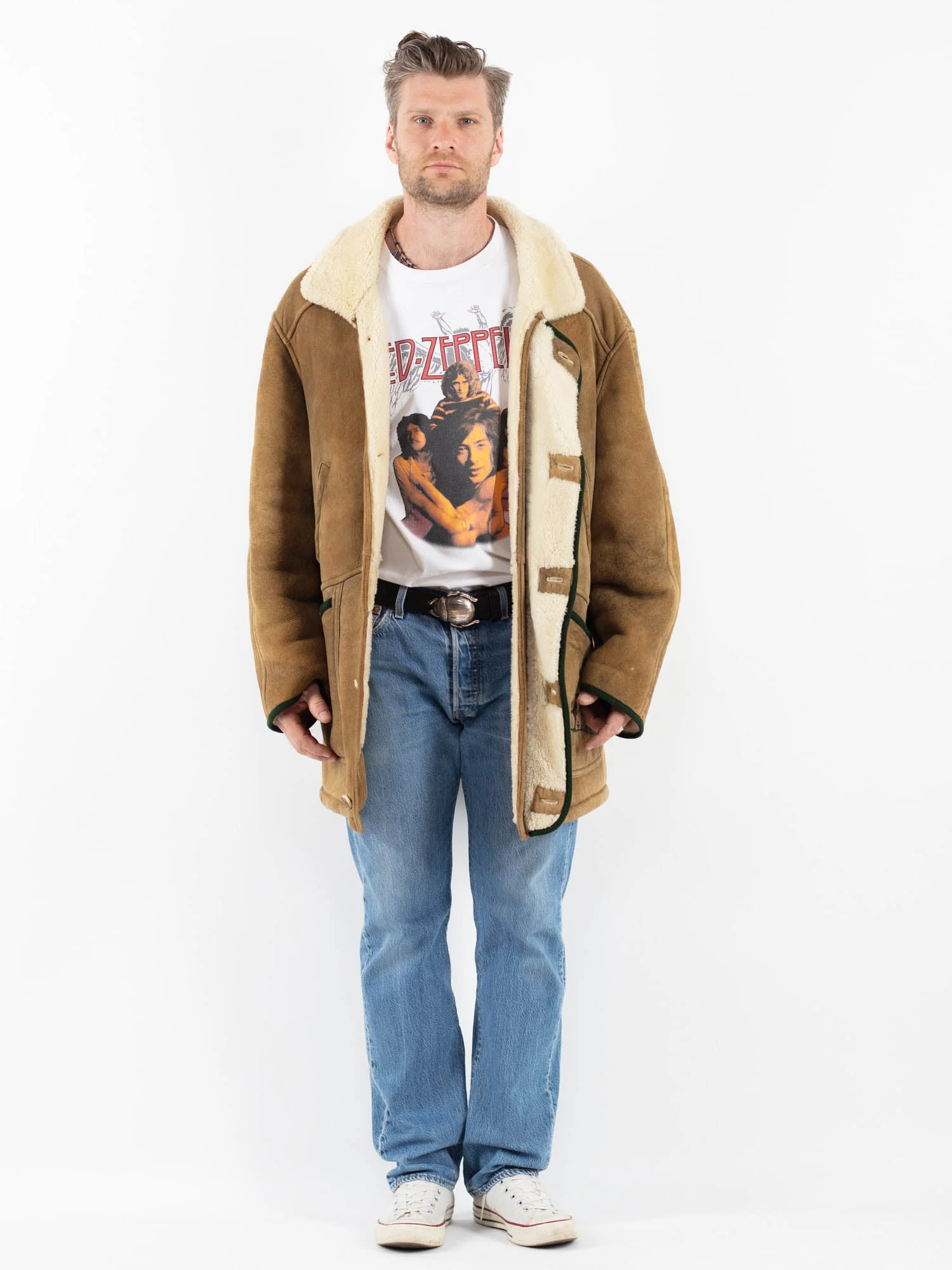 Vintage 80's Men Sheepskin Shearling Coat In Beige 1 Vintage 80's Men Sheepskin Shearling Coat In Beige