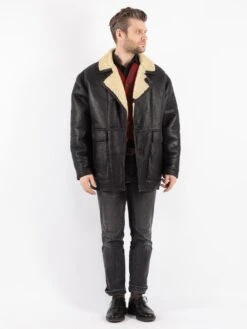 Vintage 80's Men Sheepskin Shearling Coat In Black