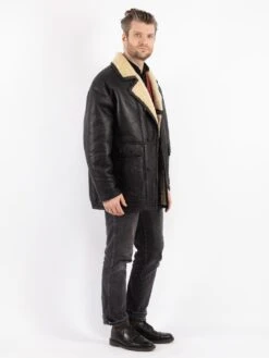 Vintage 80's Men Sheepskin Shearling Coat In Black -Northern Grip Vintage 80s Men Sheepskin Coat 0701