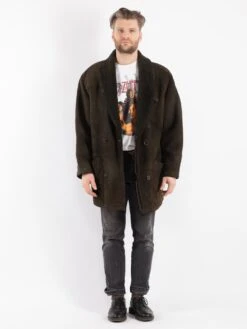 Vintage 80's Men Sheepskin Shearling Coat In Green