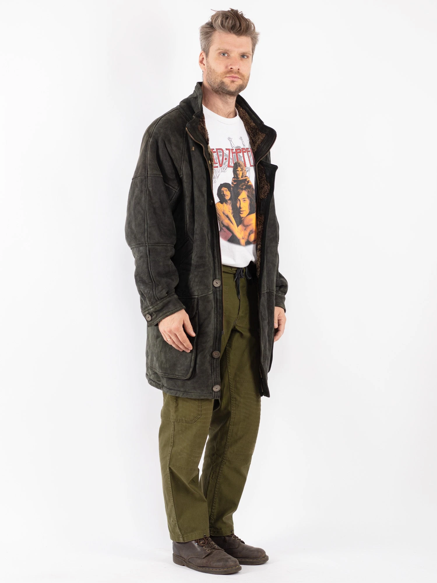 Vintage 80's Men Oversized Sheepskin Coat In Green 3 Vintage 80's Men Oversized Sheepskin Coat In Green - Image 3