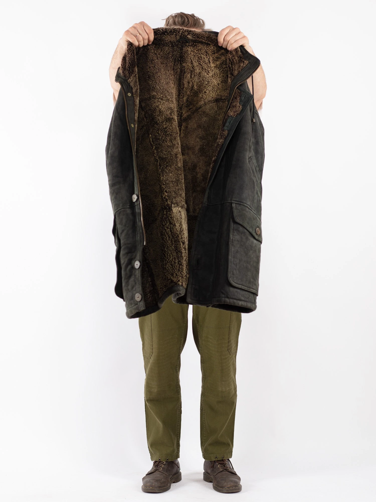 Vintage 80's Men Oversized Sheepskin Coat In Green 4 Vintage 80's Men Oversized Sheepskin Coat In Green - Image 4