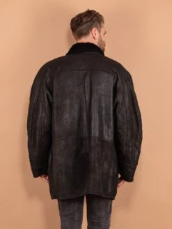 Vintage 80's Men Oversized Sheepskin Coat In Black -Northern Grip Vintage 80s Men Sheespkin Coat 0676