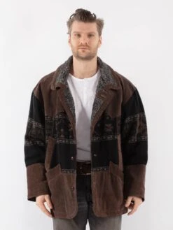 Vintage 80's Men Aztec Suede Bomber Jacket In Brown