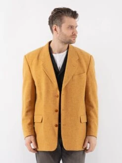 Vintage 80's Men Wool Blazer Jacket In Yellow