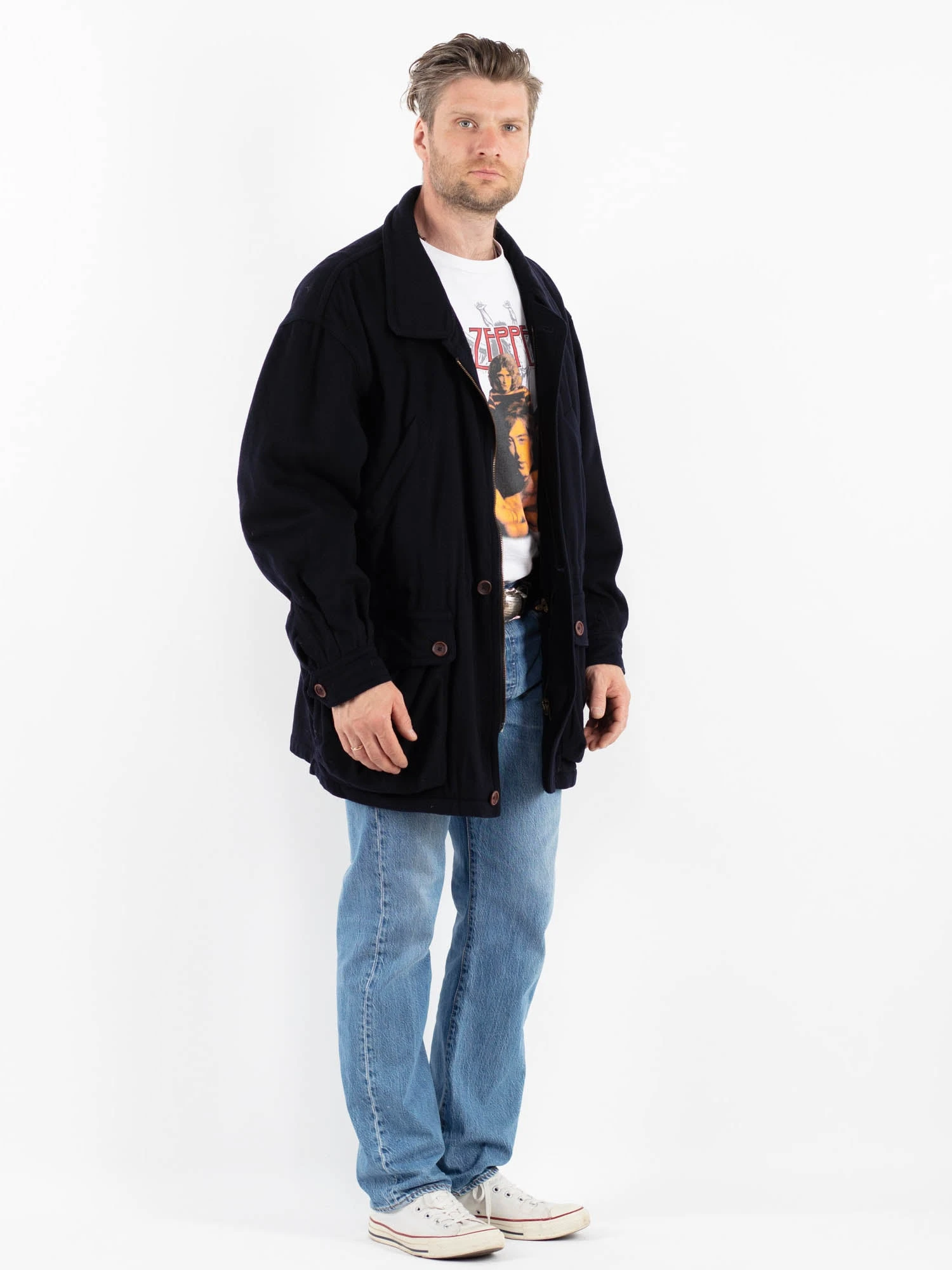 Vintage 80's Men Cashmere Wool Blend Coat In Blue 3 Vintage 80's Men Cashmere Wool Blend Coat In Blue - Image 3