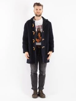 Vintage 80's Men Hooded Wool Duffle Coat In Blue