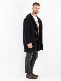 Vintage 80's Men Hooded Wool Duffle Coat In Blue -Northern Grip Vintage 80s Men Wool Coat 0383