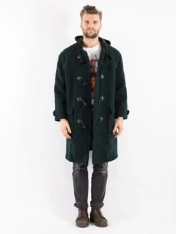Vintage 80's Men Hooded Wool Duffle Coat In Green