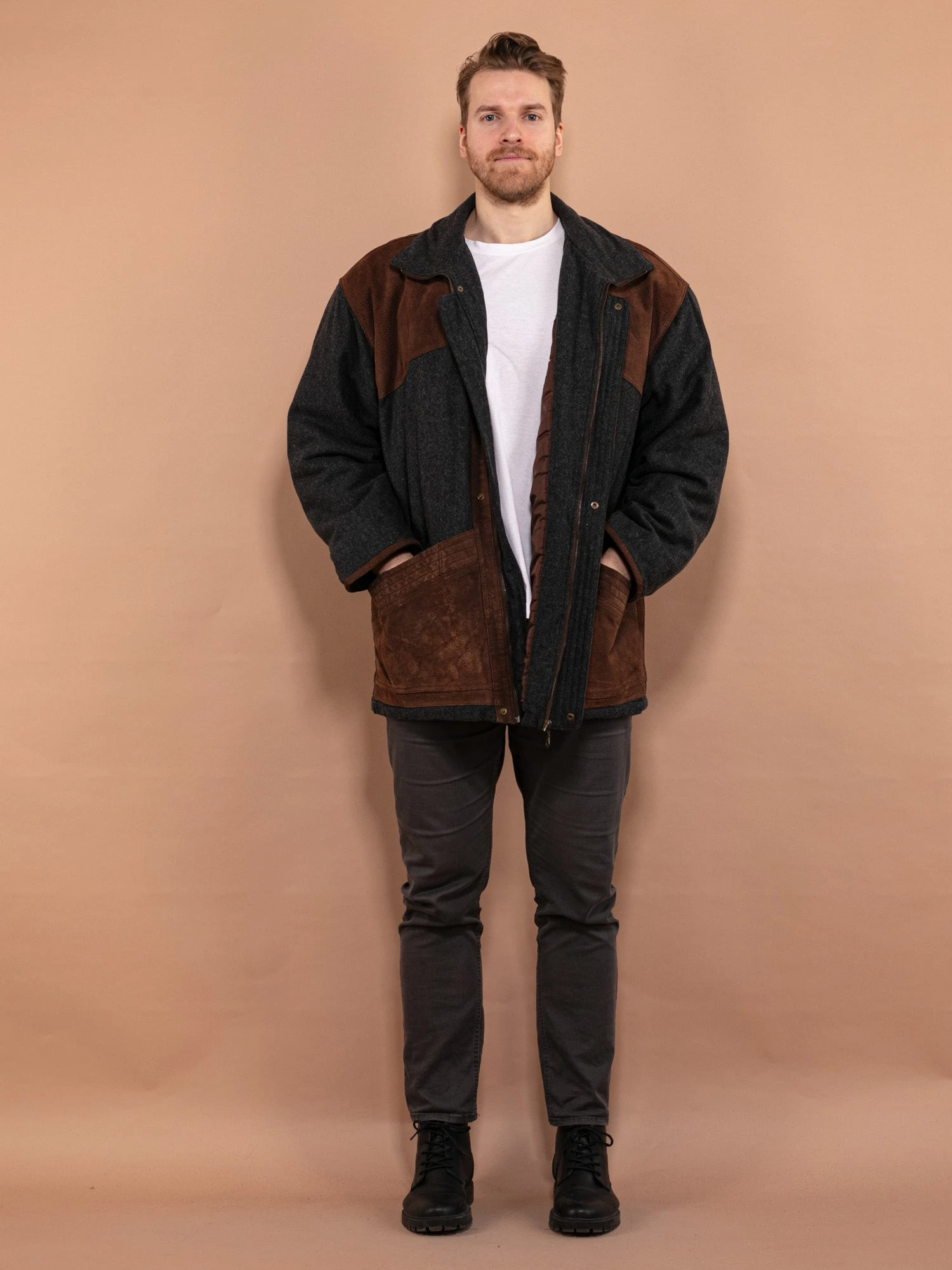 Vintage 90's Men Wool And Suede Blend Jacket In Gray 1 Vintage 90's Men Wool And Suede Blend Jacket In Gray