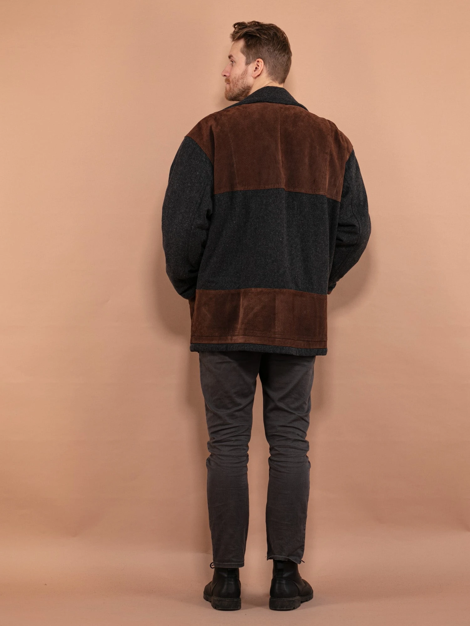 Vintage 90's Men Wool And Suede Blend Jacket In Gray 2 Vintage 90's Men Wool And Suede Blend Jacket In Gray - Image 2