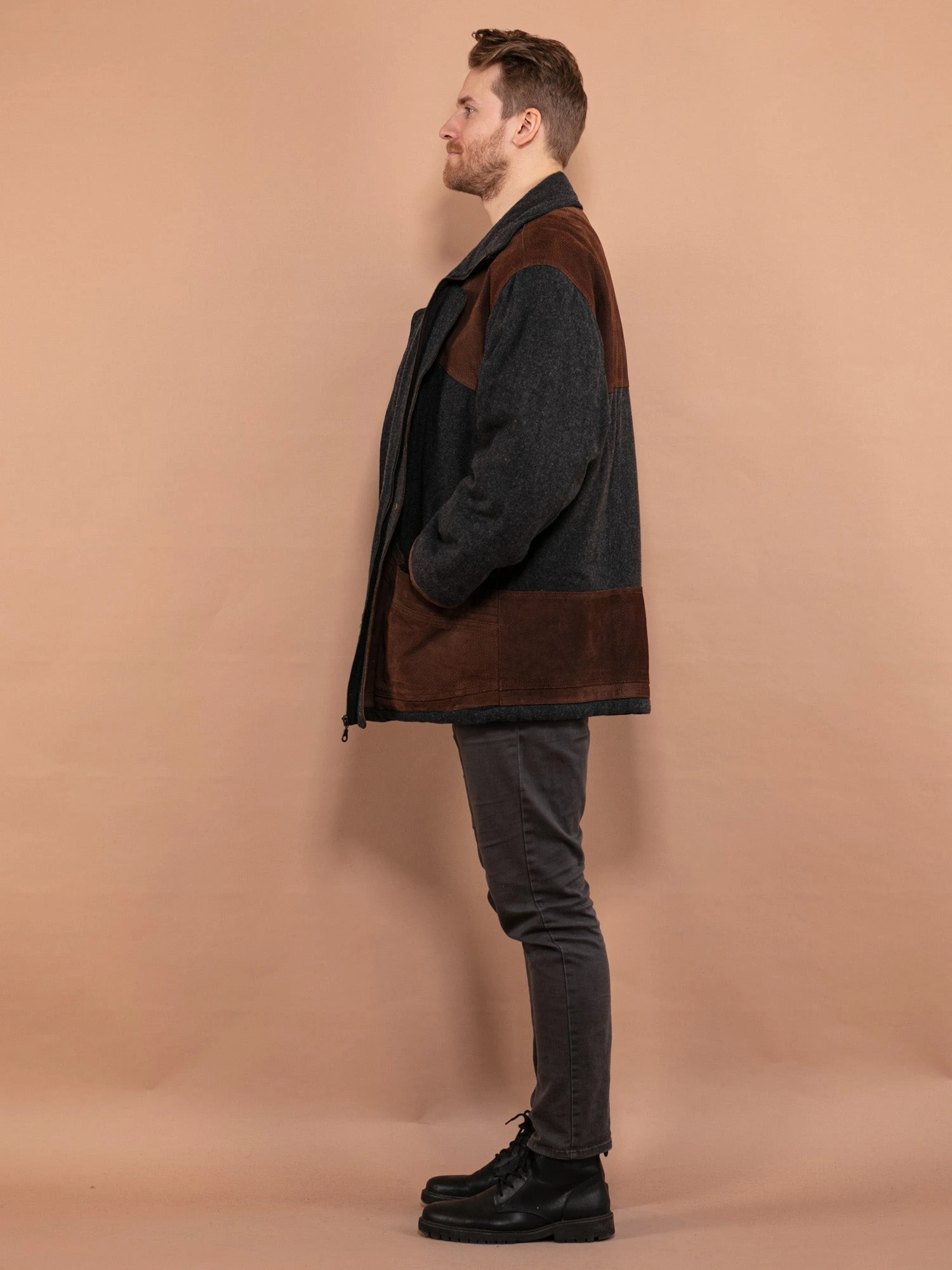 Vintage 90's Men Wool And Suede Blend Jacket In Gray 3 Vintage 90's Men Wool And Suede Blend Jacket In Gray - Image 3