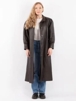 Vintage 80's Women Leather Long Coat In Brown