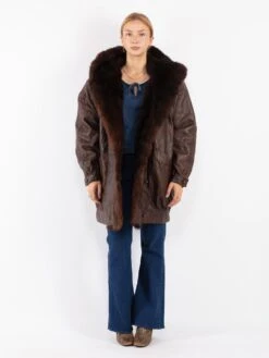 Vintage 80's Women Leather Fur Coat In Brown
