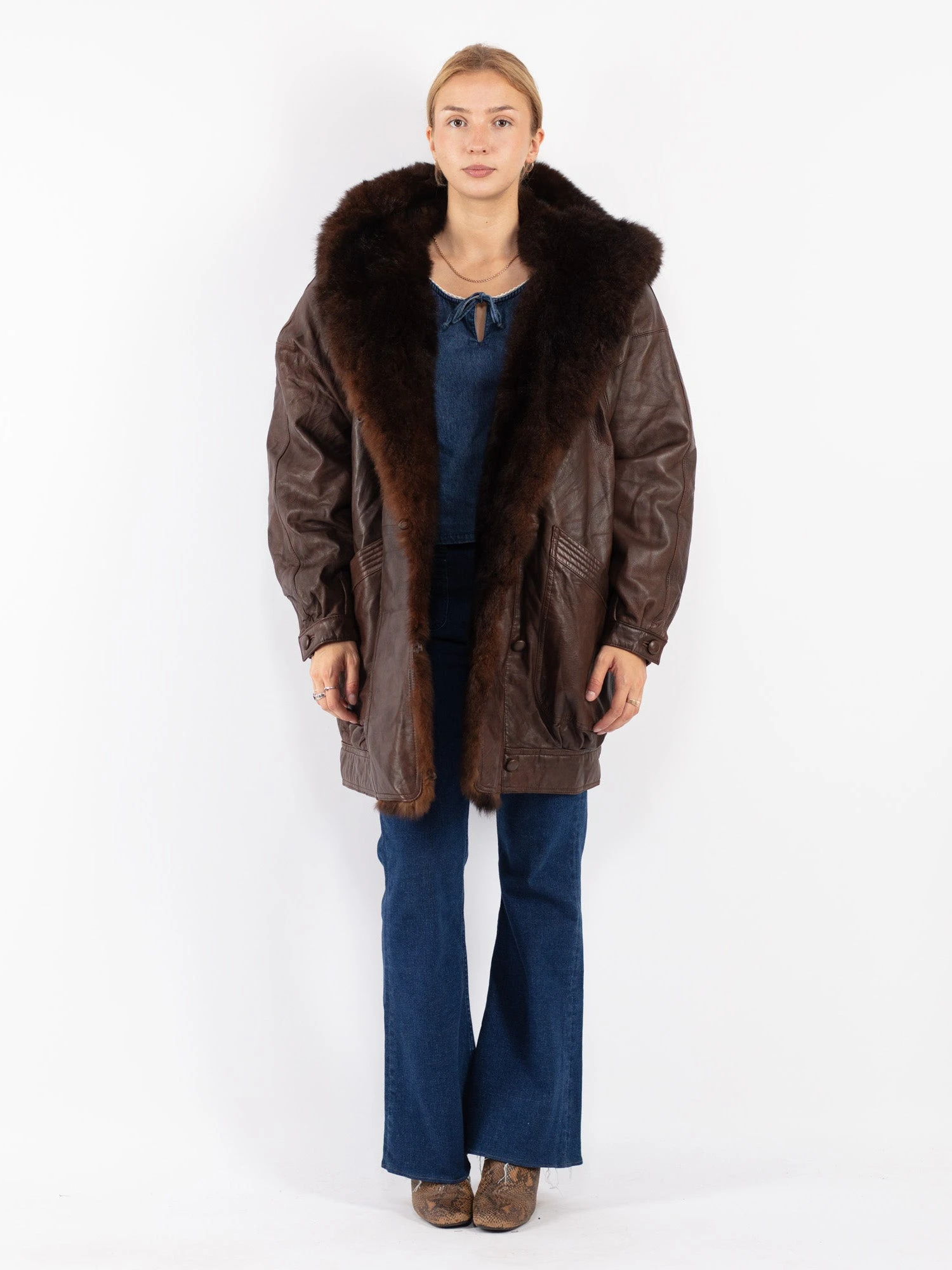 Vintage 80's Women Leather Fur Coat In Brown 1 Vintage 80's Women Leather Fur Coat In Brown