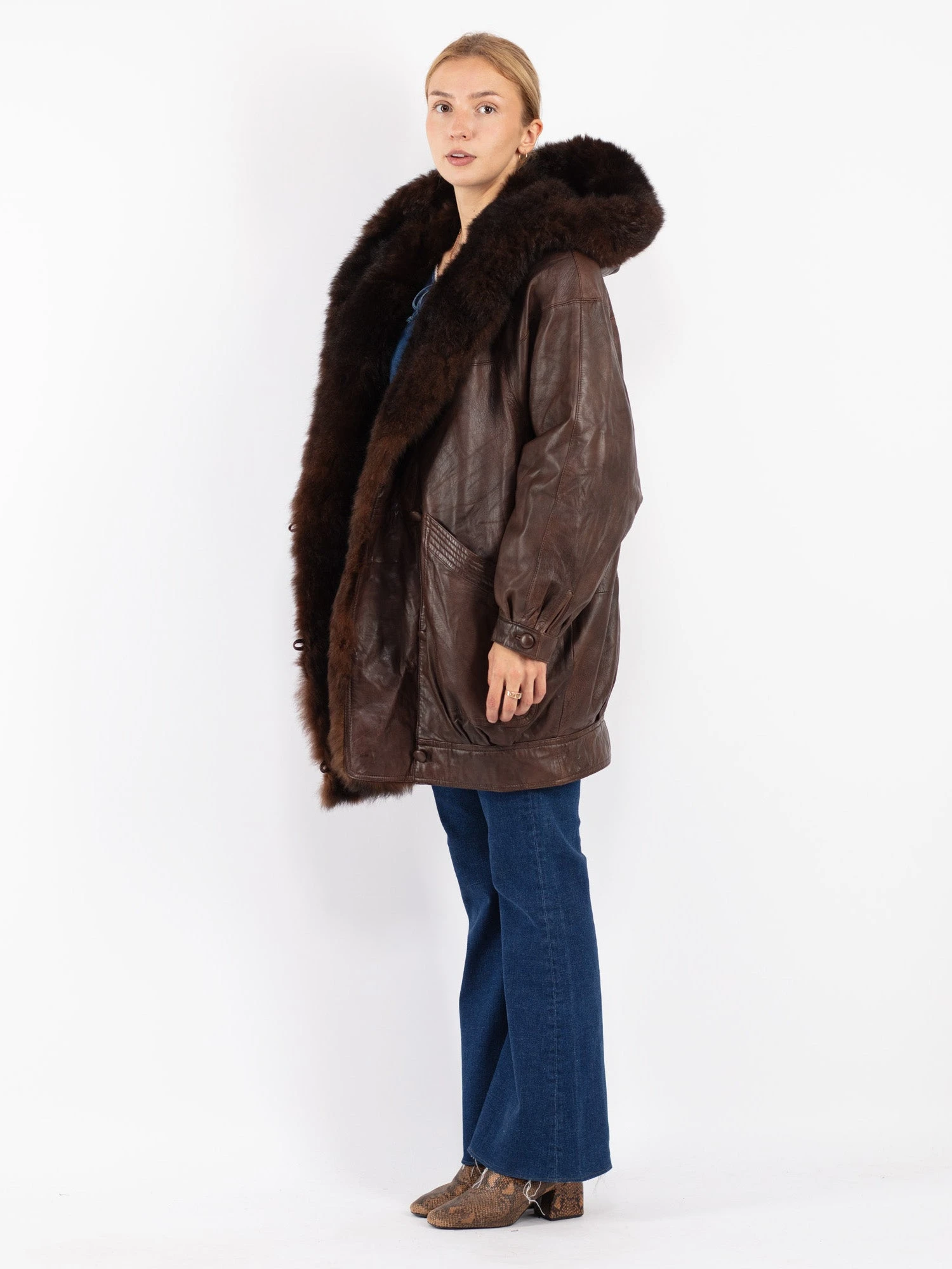 Vintage 80's Women Leather Fur Coat In Brown 2 Vintage 80's Women Leather Fur Coat In Brown - Image 2