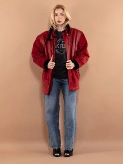 Vintage 80's Women Leather Parka Coat In Red