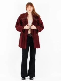 Vintage 80's Women Sheepskin Shearling Coat In Red