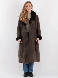 Vintage 80's Women Sheepskin Long Coat In Gray