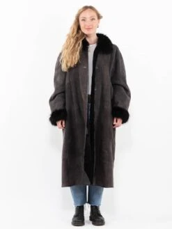 Vintage 80's Women Sheepskin Shearling Coat In Gray