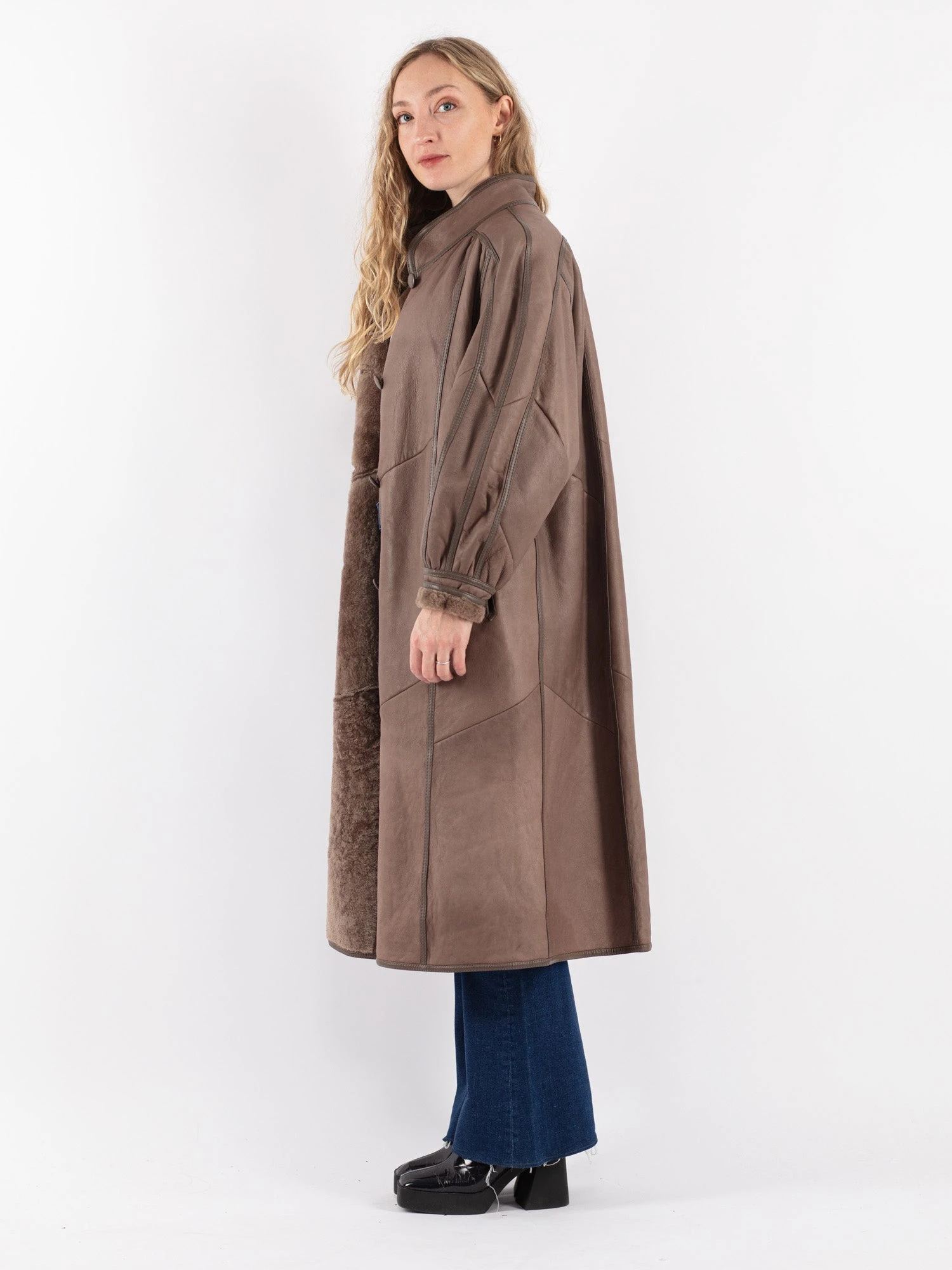 Vintage 80's Women Sheepskin Long Coat In Brown 3 Vintage 80's Women Sheepskin Long Coat In Brown - Image 3
