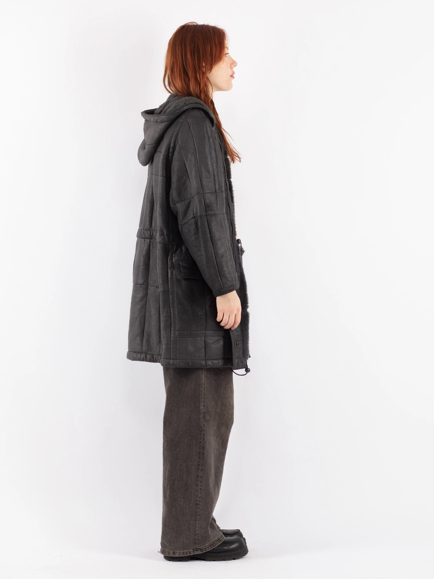 Vintage 80's Women Hooded Sheepskin Coat In Gray 3 Vintage 80's Women Hooded Sheepskin Coat In Gray - Image 3