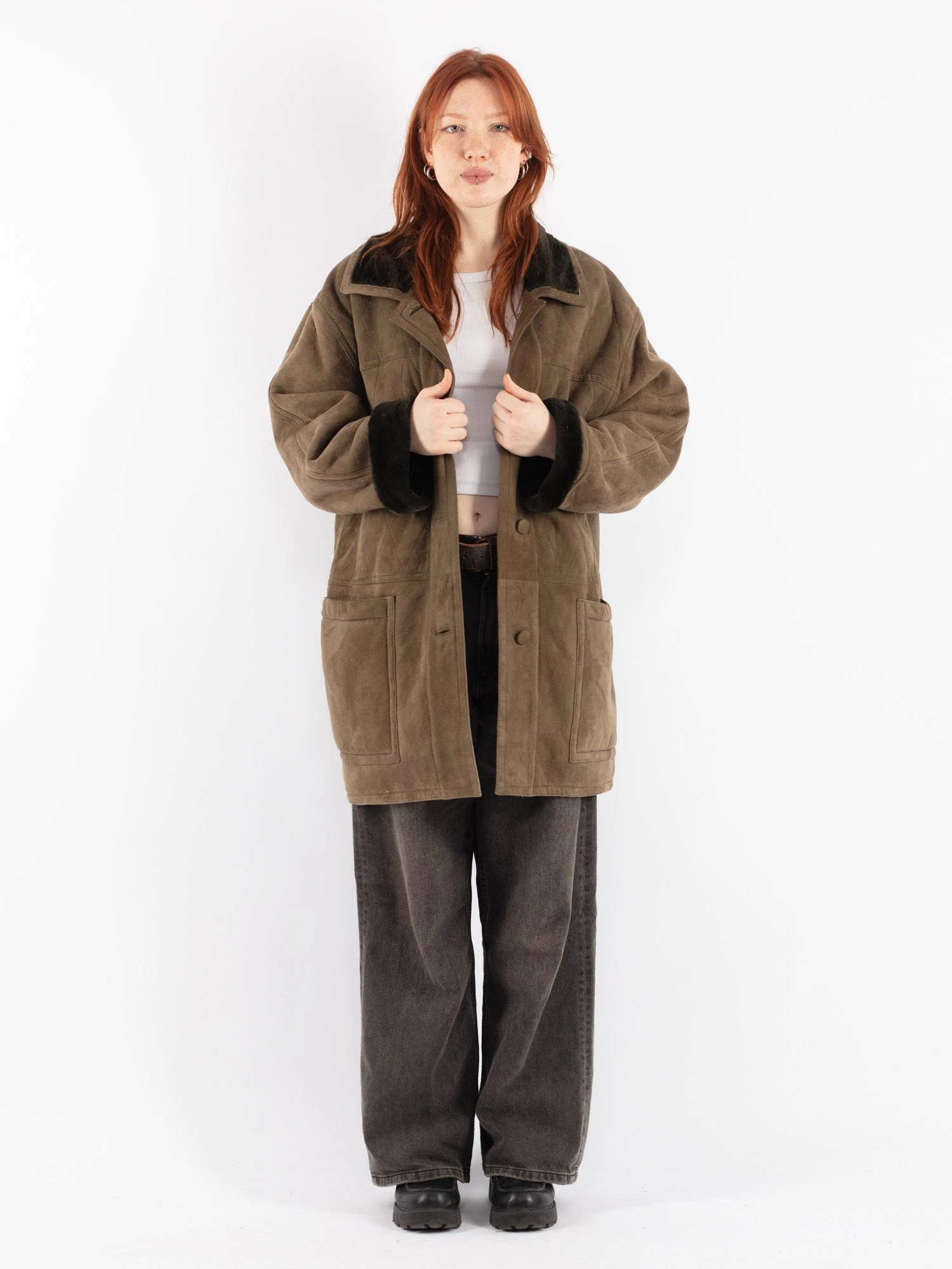 Vintage 80's Women Sheepskin Coat In Beige Green 1 Vintage 80's Women Sheepskin Coat In Beige Green