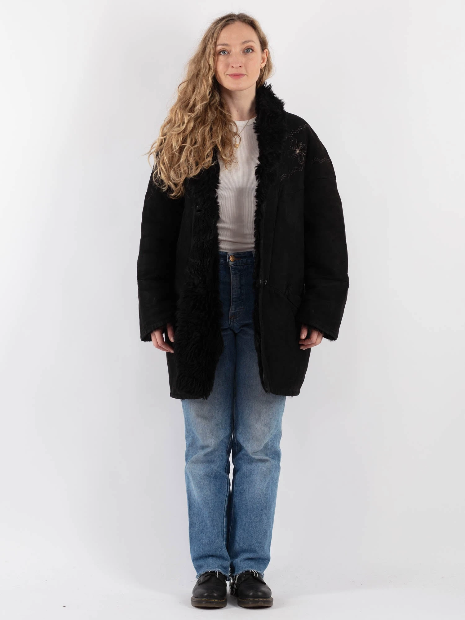 Vintage 80's Women Sheepskin Shearling Coat In Black 1 Vintage 80's Women Sheepskin Shearling Coat In Black