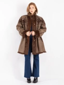 Vintage 80's Women Suede Fur Coat In Brown