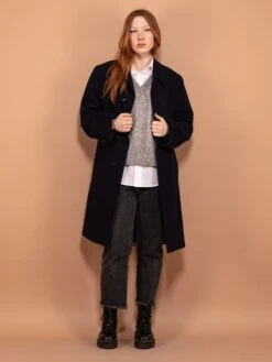 Vintage 80's Women Wool Blend Coat In Navy Blue