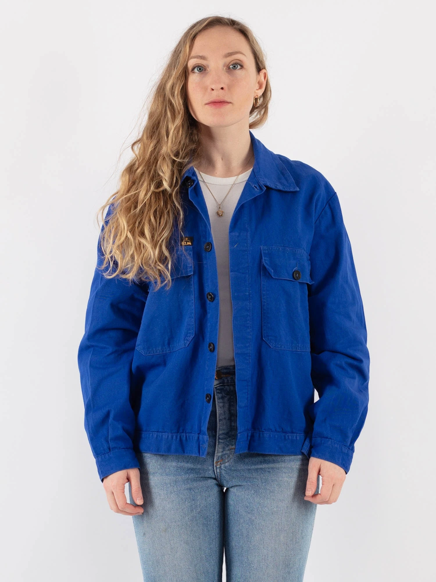 Vintage 80's Women Cropped Work Jacket In Blue 1 Vintage 80's Women Cropped Work Jacket In Blue