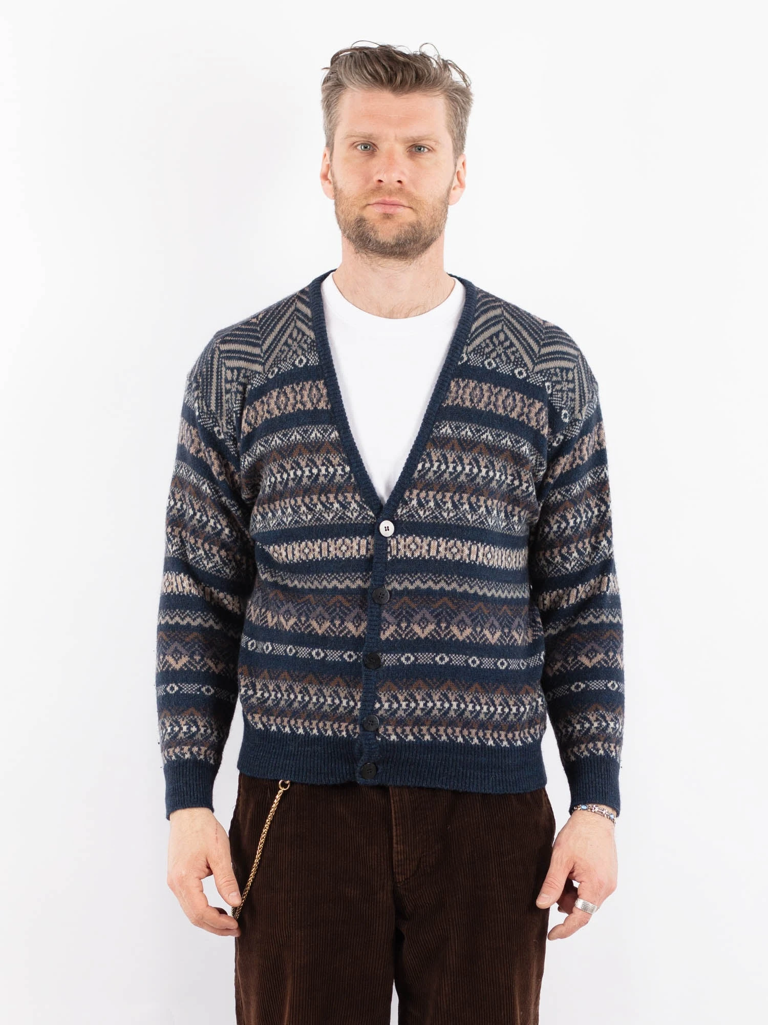 Vintage 90's Men Patterned Cardigan In Blue 1 Vintage 90's Men Patterned Cardigan In Blue